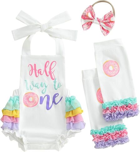 Baby Girl Half Birthday Outfit Sweet 6 months 1/2 Birthday Romper Bodysuit Leg Warmers Headband Set in Kuwait