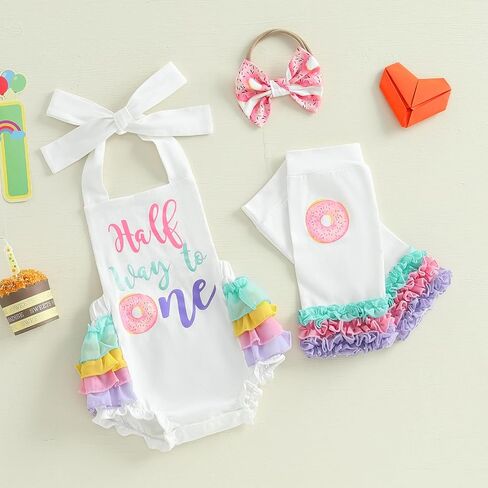 Baby Girl Half Birthday Outfit Sweet 6 months 1/2 Birthday Romper Bodysuit Leg Warmers Headband Set in Kuwait