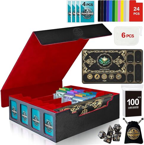 مربع تخزين بطاقات تداول MTG مع Playmat يناسب 4000+ بطاقة ، وحالة سطح القائد من 4 صفوف ، 4 نوافذ عرض ، 6 أقسام متحركة ، 24 مقسمات ، للسحر/TCG/Yugioh/Sport (Black & Gray) in Saudi Arabia