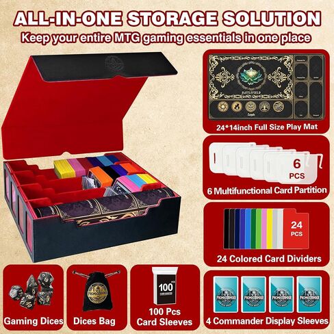 مربع تخزين بطاقات تداول MTG مع Playmat يناسب 4000+ بطاقة ، وحالة سطح القائد من 4 صفوف ، 4 نوافذ عرض ، 6 أقسام متحركة ، 24 مقسمات ، للسحر/TCG/Yugioh/Sport (Black & Gray) in Saudi Arabia