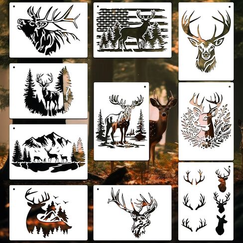 10 Pieces Deer Wood Burnig Stencils for Painting Animal Forest Mountain Tree Deer Head Stencils on Wood Wall Canvas Crafts (Style:Deer) in Saudi Arabia