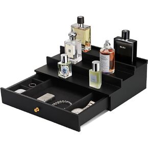 Cologne Organizer for Men Dresser, Wooden Cologne Stand Black, Fragrance Display Shelf with Drawer and Hidden Compartment, 3 Tiered Mens Perfume Holder Rack in Saudi Arabia