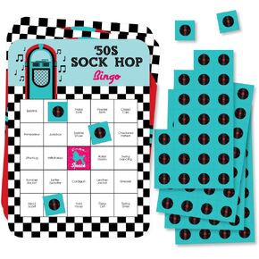 Big Dot of Happiness 50's Sock Hop - بطاقات وأقلام تحديد بار بينجو - لعبة روك آند رول بارتي بينجو من الخمسينيات - مجموعة من 18 قطعة