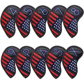 Left Hand Golf Iron Head Covers Headcovers Set, 10pcs Synthetic Leather Left Handed Golf Iron Covers - Golf Club Protective Case for Men, Patriotism US Flag Golf Iron Wedge Covers