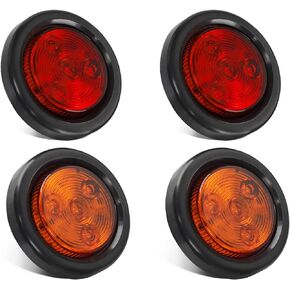 Partsam 4pcs 2" Round LED Side Marker Clearance Light Reflex, 2 Inch 4 LED Trailer Truck Lights with Grommet and Wire Pigtail 12V (2Red+2Amber)