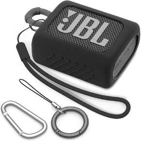 Silicone Case Compatible with JBL GO 3 Portable Bluetooth Speaker Scratch-Resistant Carrying Case with Carabiner and Lanyard (Black)