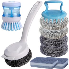 Stainless Steel Wool Scrubber Set Scouring Pads Brush-Replacement Sponge with Handle Heavy Duty Cleaning Teak Wood Sink Boat Barbecue Grill Pot Dish Nonscratch Washing Cleaner for Kitchen (Grey)