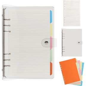 FYY Clear A6 Notebook Binder 6 Ring - Transparent A6 Binder Loose Leaf Notebook Clear Cover Plastic, Refillable A6 Notebook Binder with 45 Sheets Paper and Dividers, A6 Journal 6 Ring Binder Notebook