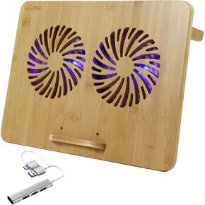 Laptop Cooling Pad, Bamboo Furniture Portable Laptop Cooler with 2 Fans and Blue Light for 13-16 inches Gaming Computer, 2 USB Ports & 1 Portable USB Hub, Adjustable Wind Speed and Height