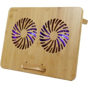 Laptop Cooling Pad, Bamboo Furniture Portable Laptop Cooler with 2 Fans and Blue Light for 13-16 inches Gaming Computer, 2 USB Ports & 1 Portable USB Hub, Adjustable Wind Speed and Height