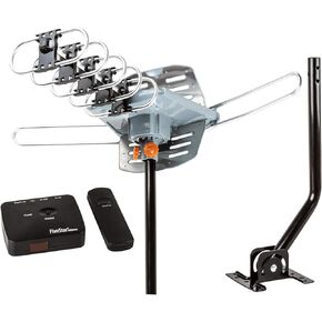 Five Star Outdoor HDTV Antenna Up to 150 Miles Range with Motorized 360 Degree Rotation, UHF/VHF/FM Radio with Remote Control Advanced Design Plus, Installation Kit 40ft RG6 Coax Cable Support 5TVs