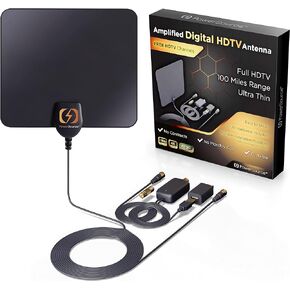PowerSource Amplified HD Digital TV Antenna Long Range 250+ Miles - Support 4K 1080p Fire tv Stick and All Older TV's - Indoor Smart Switch Amplifier Signal Booster - 18ft Coax HDTV Cable/AC Adapter