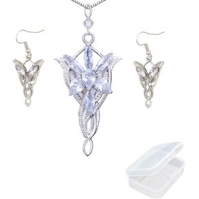 سيد الخاتم Elven Leaf Aragorn Arwen Evenstar قلادة سلسلة قلادة الأميرة سلسلة وأقراط مع صندوق مجوهرات شفاف