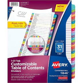 Avery 1-31 Tab Dividers for 3 Ring Binders, Customizable Table of Contents, Multicolor Tabs, 1 Set (11846)