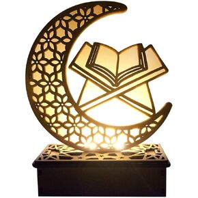 Ramadan Light Eid Mubarak Lamp Decorations for Home 3D Wooden Moon Star LED Night Lights Ornaments Table Decor Crafts Indoor for Muslims Islamic Kids Room (N1)