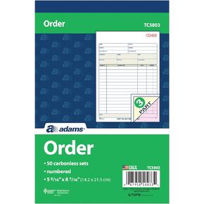 Adams Carbonless Order Book, 5.56 x 8.44 Inch, 3-Part, Carbonless, 50 Sets, White, Canary, Pink (TC5803)