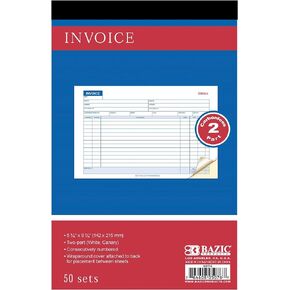 BAZIC Invoice Book, 50 Sets 5 9/16" x 8 7/16" 2-Part Carbonless, White & Canary, Bound Wraparound Cover (50 Sets/Pack), 1-Pack