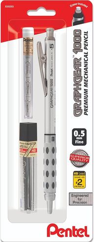 قلم رسم ميكانيكي أوتوماتيكي من Pentel GraphGear 1000 0.5 مم - يتضمن عبوات الرصاص وممحاة - قبضة معدنية منحوتة مع وسادات ناعمة in Saudi Arabia