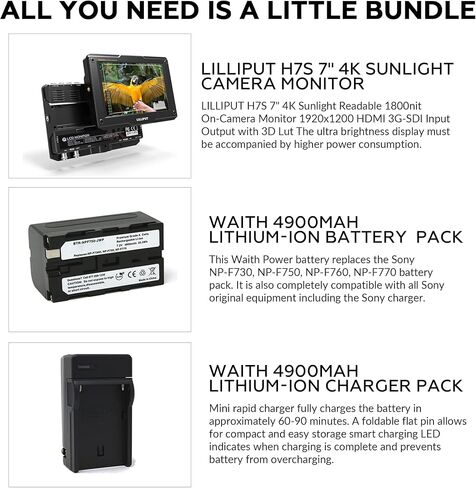 شاشة Lilliput H7S 7 بوصة عالية الدقة LED مع 4K HDMI وSDI، ومكبر صوت مدمج، 1920x1200 مع بطارية إضافية احتياطية وشاحن in Kuwait