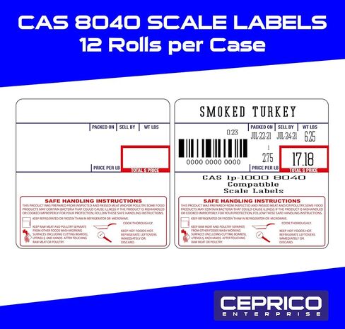 CEPRICO - ملصقات مقياس CAS 8040 | 12 لفة لموازين CAS | ملصق مقياس الطباعة CAS lst-8040 | الجودة للمقياس الرقمي لشركة CAS | UPC التعامل الآمن | كاس ليرة لبنانية 1000 | 500 ملصق للموازين | جربها in Kuwait