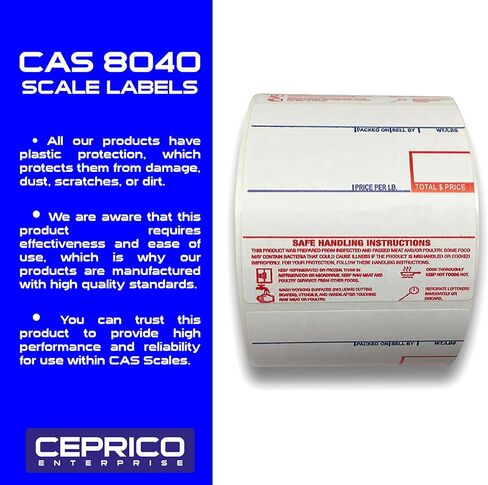 CEPRICO - ملصقات مقياس CAS 8040 | 12 لفة لموازين CAS | ملصق مقياس الطباعة CAS lst-8040 | الجودة للمقياس الرقمي لشركة CAS | UPC التعامل الآمن | كاس ليرة لبنانية 1000 | 500 ملصق للموازين | جربها in Kuwait