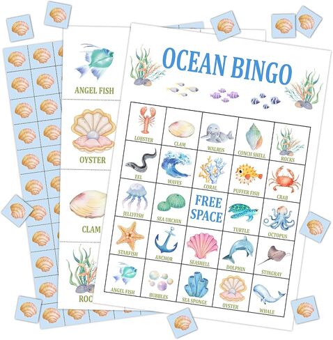 بطاقات ألعاب Ocean Bingo، لعبة بنغو لحيوانات المحيط مكونة من 24 لاعبًا للأنشطة الجماعية الكبيرة، لوازم حفلات تحت البحر، لعبة بينجو للحفلات لعطلة الأصدقاء البالغين -11 in Saudi Arabia