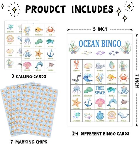 بطاقات ألعاب Ocean Bingo، لعبة بنغو لحيوانات المحيط مكونة من 24 لاعبًا للأنشطة الجماعية الكبيرة، لوازم حفلات تحت البحر، لعبة بينجو للحفلات لعطلة الأصدقاء البالغين -11 in Saudi Arabia