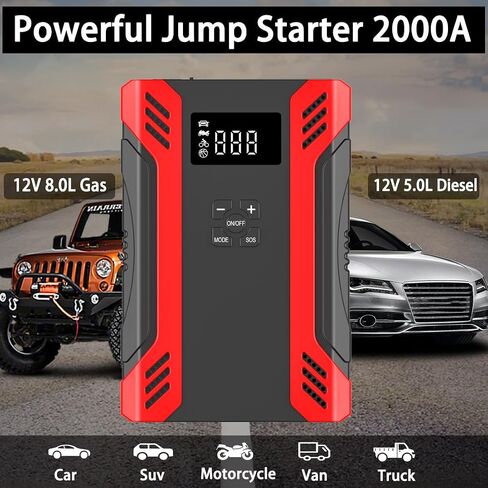 جهاز تشغيل السيارة بقوة 2000 أمبير مع ضاغط هواء (8.0 لتر غاز/5.0 لتر ديزل)، شاحن محمول 6 في 1 صندوق بطارية ليثيوم مع شحن سريع 3.0 وDC12V 8A للأجهزة الصغيرة والبوصلة للأماكن الخارجية in Saudi Arabia