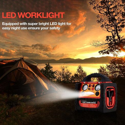 محطة طاقة محمولة بقدرة 1800 أمبير، مع منفاخ إطارات/ضاغط هواء بقوة 260 رطل لكل بوصة مربعة، ومحول طاقة مزدوج بقدرة 400 واط، ومنافذ تيار متردد/تيار مستمر، ومنفذ USB 2.1 أمبير، ومشابك للبطارية in Kuwait