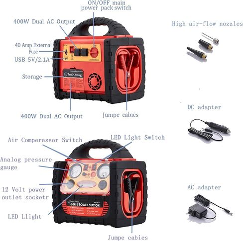 محطة طاقة محمولة بقدرة 1800 أمبير، مع منفاخ إطارات/ضاغط هواء بقوة 260 رطل لكل بوصة مربعة، ومحول طاقة مزدوج بقدرة 400 واط، ومنافذ تيار متردد/تيار مستمر، ومنفذ USB 2.1 أمبير، ومشابك للبطارية in Kuwait