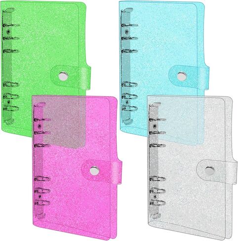 غلاف شفاف A6 ملون 4 عبوات A6 PVC مكون من 6 حلقات من مادة PVC للميزانية، أغطية مخططة شفافة للمدرسة، الاجتماعات، المكتب (الأزرق، الوردي، الأخضر، الشفاف) in Saudi Arabia