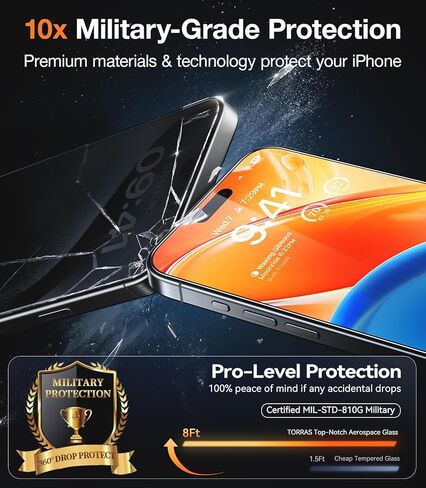 TORRAS Top-Notch Diamond Shield for iPhone 15 Pro Max Screen Protector [ 9H+ Military-Grade Protection] Unbreakable Shatterproof Tempered Glass for iPhone 15 ProMax Full Coverage Screen Protector, in Kuwait