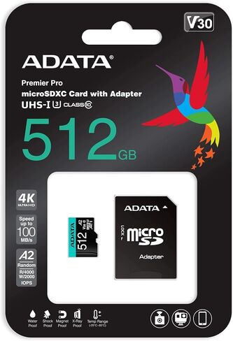 ADATA Premier Pro 512GB MicroSDXC/SDHC UHS-I U3 Class 10 V30S A2 Memory Card with SD Adapter - Waterproof, Shockproof, X-ray Proof, Magnet Proof and Temperature Resistant in Saudi Arabia