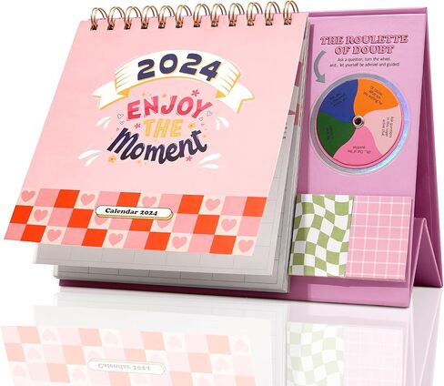 CAGIE Small Desk Calendar 2024 Standing Desk Calendar 2024 with Sticky Notes & Roulette, Cute Standing Flip Desktop Calendar 12 month with Stickers for Desk Home Office School, 9.5" x 7", Pink in Saudi Arabia