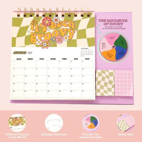 CAGIE Small Desk Calendar 2024 Standing Desk Calendar 2024 with Sticky Notes & Roulette, Cute Standing Flip Desktop Calendar 12 month with Stickers for Desk Home Office School, 9.5" x 7", Pink in Saudi Arabia