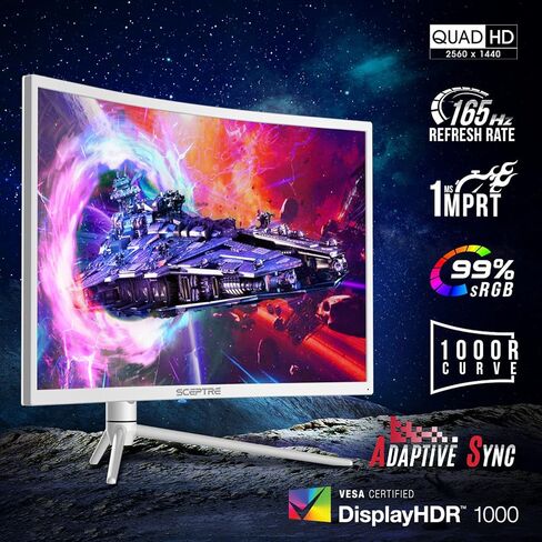 شاشة Scepter 27 بوصة منحنية Nebula White QHD 2K 2560 x 1440p حتى 165 هرتز 1 مللي ثانية HDR1000 99% sRGB مستشعر الإضاءة المحيطة، مصابيح خلفية مضيئة، مكبرات صوت مدمجة قابلة للتعديل (C275B-QWN168W) in Kuwait