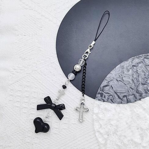 1Pc Black Mobile Phone Chain Pendant,Goth Y2K Phone Charm Pendant Kawaii-Key Chain for Bag Cute Accessory Women Guitar Strap Lanyard Beaded Keychain Pendant,Accessories in Saudi Arabia