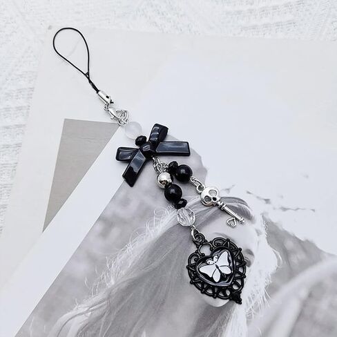 1Pc Black Mobile Phone Chain Pendant,Goth Y2K Phone Charm Pendant Kawaii-Key Chain for Bag Cute Accessory Women Guitar Strap Lanyard Beaded Keychain Pendant,Accessories in Saudi Arabia
