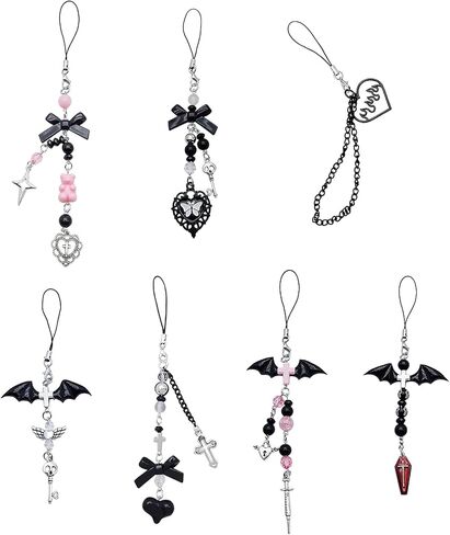 1Pc Black Mobile Phone Chain Pendant,Goth Y2K Phone Charm Pendant Kawaii-Key Chain for Bag Cute Accessory Women Guitar Strap Lanyard Beaded Keychain Pendant,Accessories in Saudi Arabia