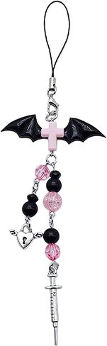 1Pc Black Mobile Phone Chain Pendant,Goth Y2K Phone Charm Pendant Kawaii-Key Chain for Bag Cute Accessory Women Guitar Strap Lanyard Beaded Keychain Pendant,Accessories in Saudi Arabia
