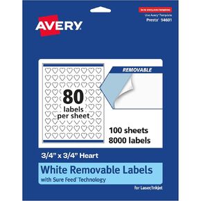Avery Matte White Removable Heart Labels with Sure Feed Technology, Print-to-The-Edge, .75" x .75", 1,200 Removable Labels, Laser/Inkjet Printable Labels