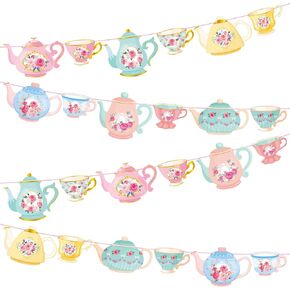 Faccito 5 Pcs Vintage Tea Party Decoration Banner Double Sided Floral Tea Party Hanging Teapot Cutout Paper Banner Assembled for Bridal Shower Birthday Decor