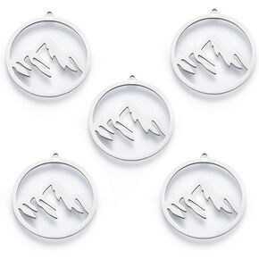 FASHEWELRY 50 PCS Hollow Mountain Charms Stainless Steel Flat Round Massif Pendant 27.5x26x2mm Mountain Range Charms for Necklace Bracelet Earring Making