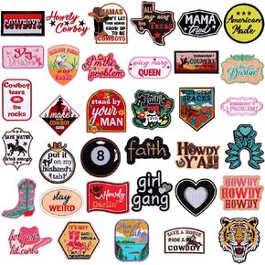 Lyrow 50 Pcs Cowboy Embroider Patch Western Iron on Patch for Hat Jean Jacket Backpack Clothing Accessories Rodeo Sew on Applique Wild West Repair Patch Vintage Cowboy Patch
