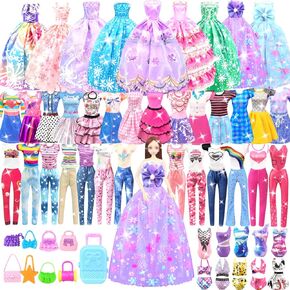 82PCS Doll Clothes and Accessories with Doll Closet for 11.5 Inch Doll - Fashion Design Doll Set Including Wedding Dress Fashion Dresses Outfits Tops and Pants Hangers Bags for Girls