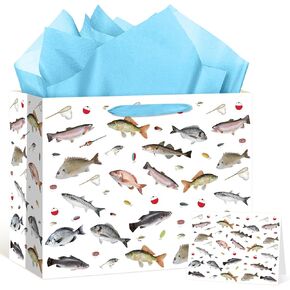 Fishing Gift Bag Gone Fishing Birthday Party Favor Bags with Tissue Paper and Greeting Card Gone Fishin Gift Wrap Bag Fish Wrapping Paper Bag Decorations for Kids Angler Baby Shower Birthday Supplies