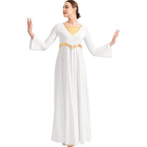 Women Liturgical Praise Dance Dress Metallic Worship Costume Loose Fit Full Length Bell Long Sleeve Dancewear