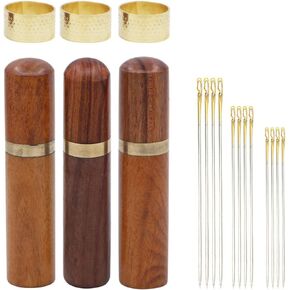 3 Pcs Wooden Needle Holder Storage Case with 36 Pcs Self-Threading Sewing Needles Gold Tail and 3 Pieces Copper Thimblest Ring,Sewing Needles Set for Stitching Embroidery DIY Sewing Craft