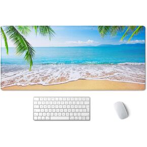 SSOIU Gaming Mouse Pad, Extended Mouse Pad, 35.5x15.7inch XXL Large Big Computer Keyboard Mouse Mat Desk Pad with Non-Slip Base and Stitched Edge for Home Office Gaming Work, Tropical Palm Tree Beach