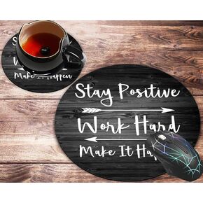 Round Mouse Pad and Coaster Set, Stay Positive Work Hard and Make It Happen Inspirational Quotes, Rustic Black Old Wood Art Mousepad, Non-Slip Rubber Base Gaming Mouse Pads for Working Or Game